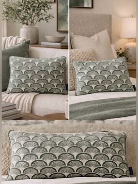 CASA DECOR FEATHER FILLED LUMBAR PILLOW GREEN SCALLOP PATTERN NEUTRAL 19x14”